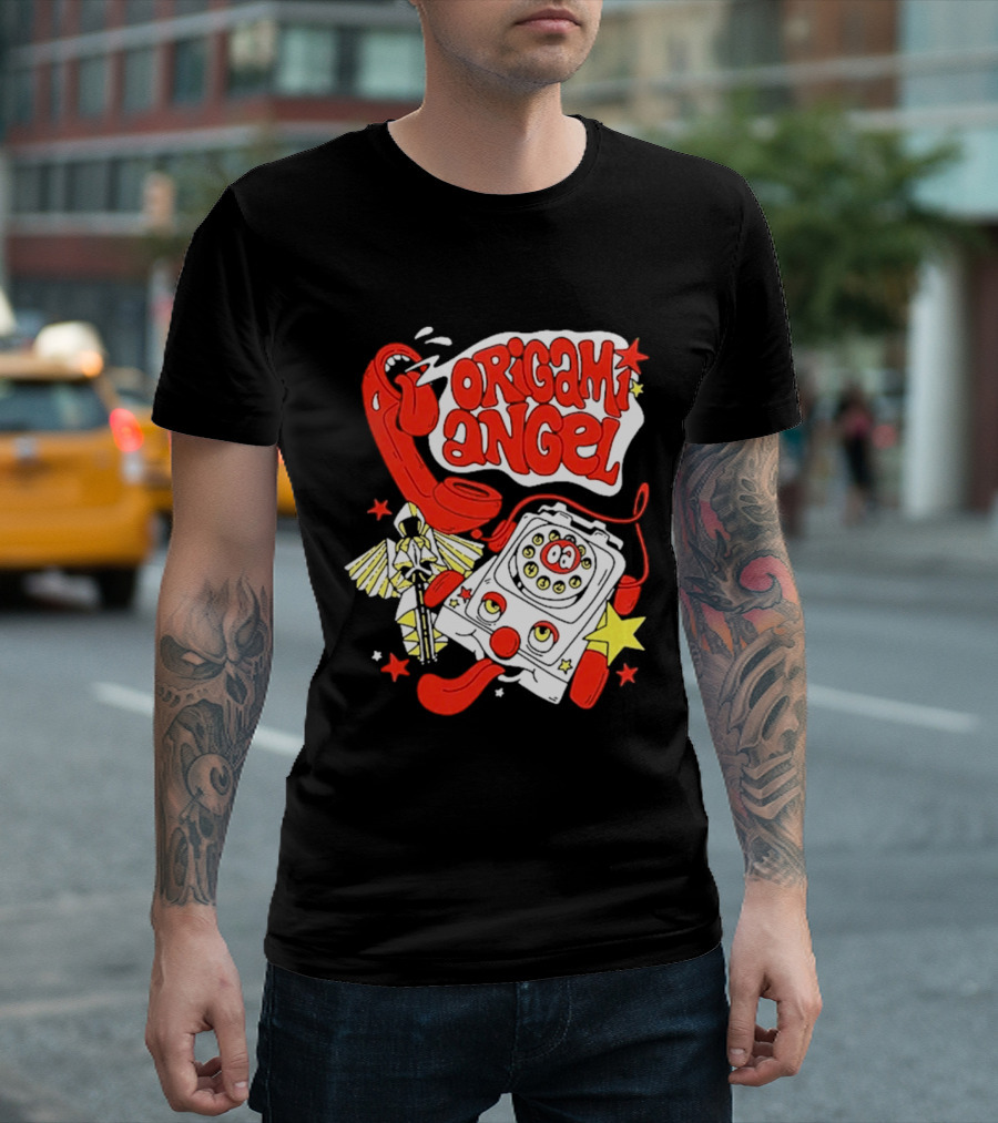Origami Angel Retro Phone Illustration With Stars And Wings T-Shirt
