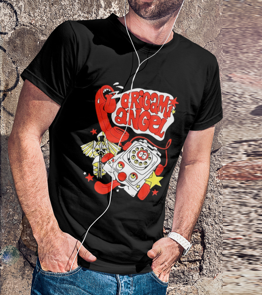 Origami Angel Retro Phone Illustration With Stars And Wings T-Shirt