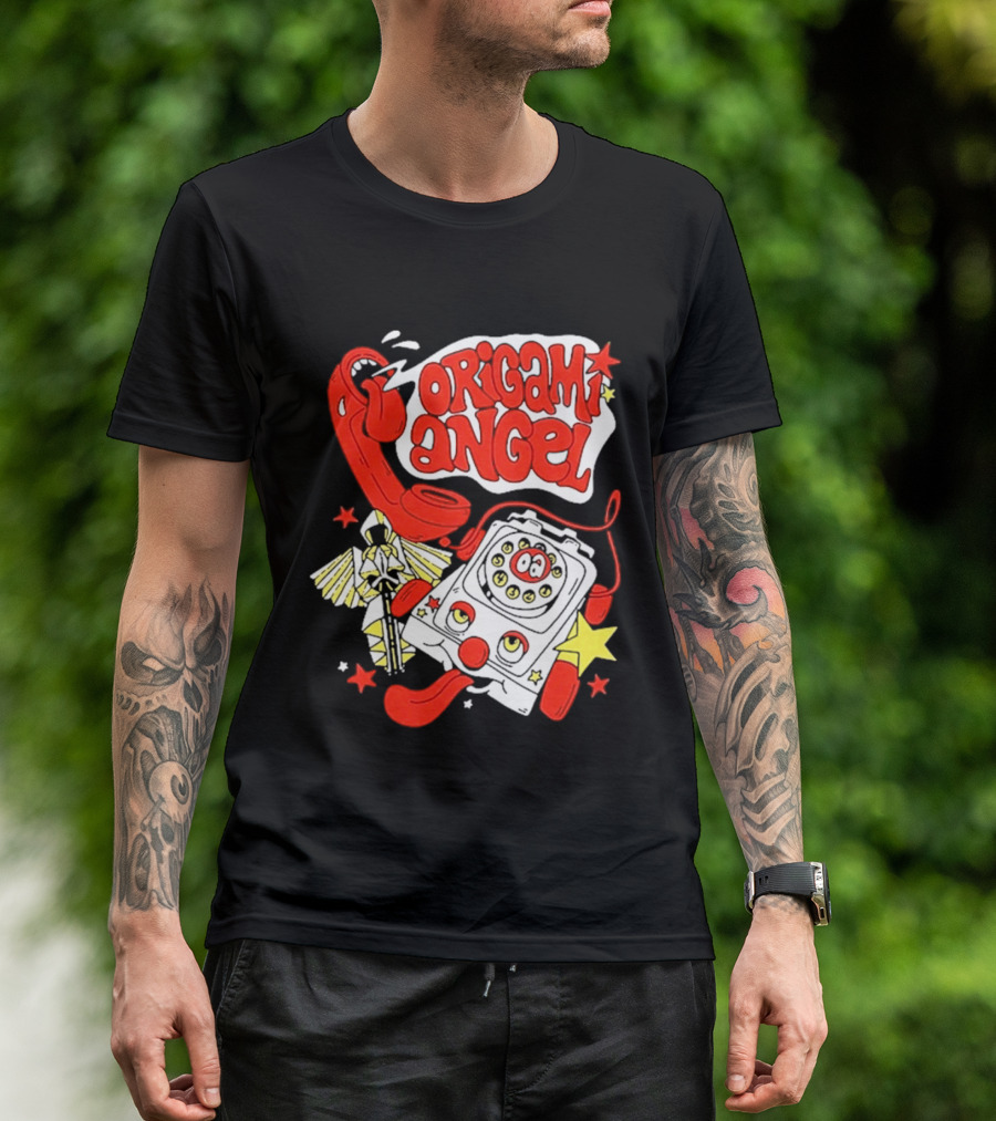 Origami Angel Retro Phone Illustration With Stars And Wings T-Shirt