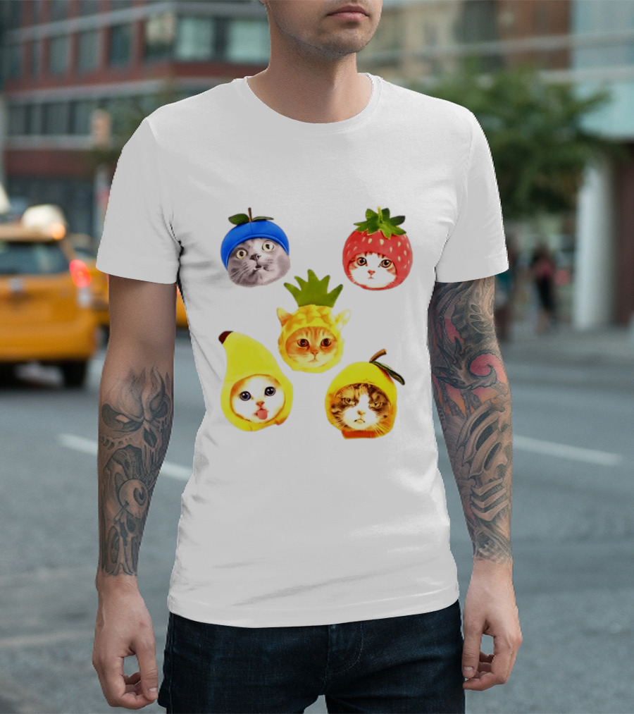 Whimsical Cats In Fruit Hats Blueberry Strawberry Pineapple Banana Apple T-Shirt