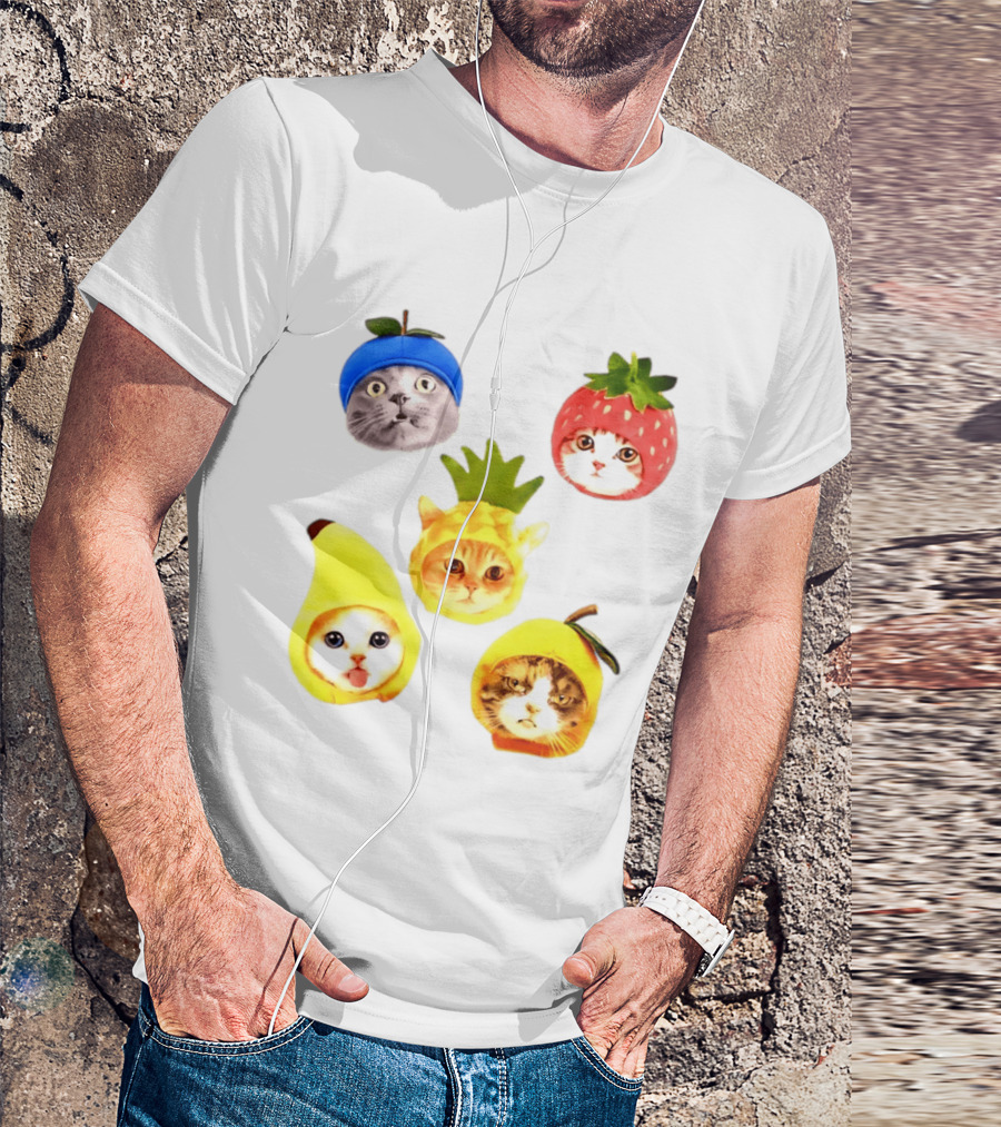 Whimsical Cats In Fruit Hats Blueberry Strawberry Pineapple Banana Apple T-Shirt