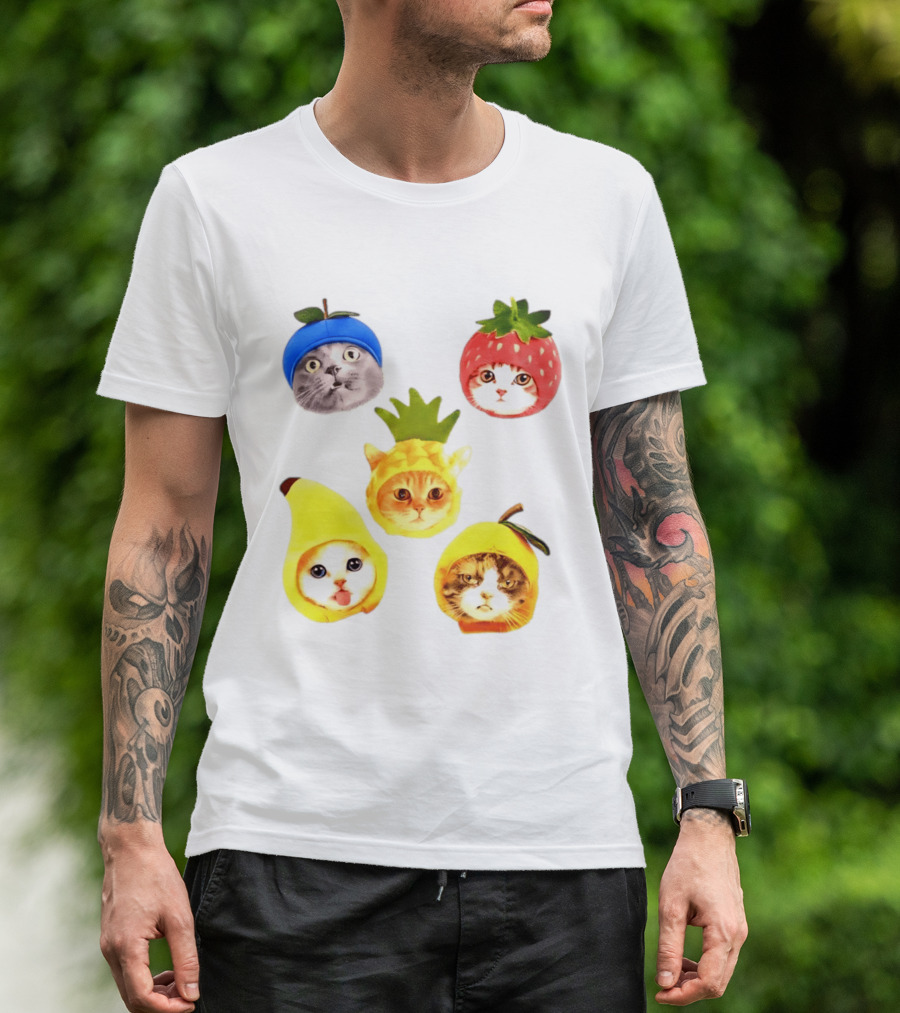 Whimsical Cats In Fruit Hats Blueberry Strawberry Pineapple Banana Apple T-Shirt