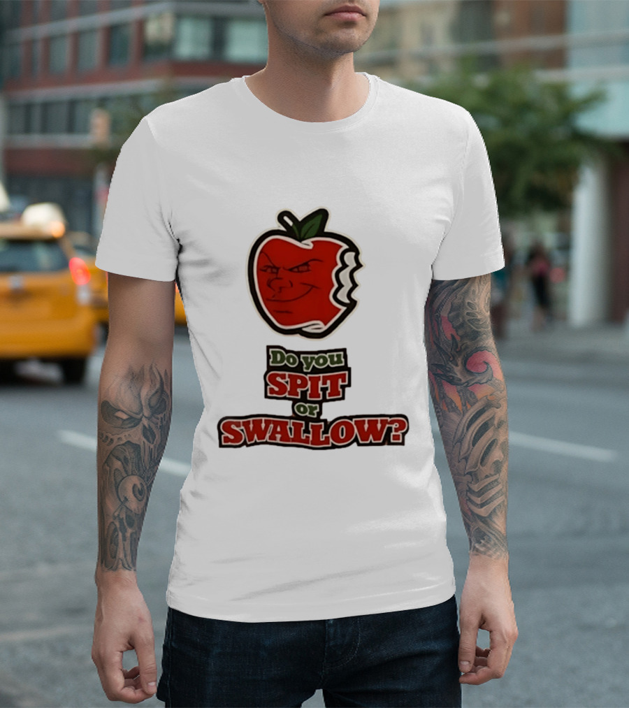 Do You Spit Or Swallow Question With Grinning Apple Bite T-Shirt