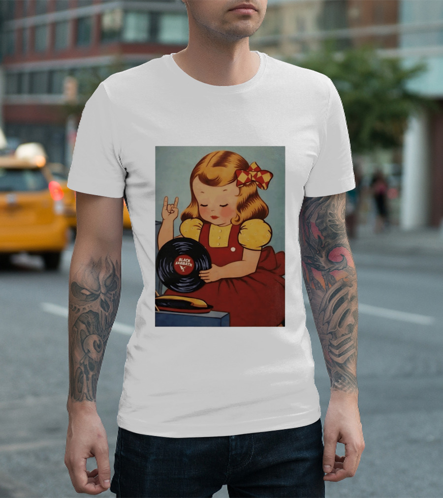 Girl Holding Black Sabbath Vinyl Heavy Metal T-Shirt