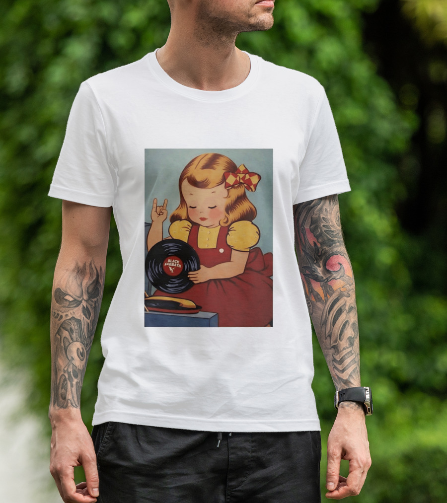 Girl Holding Black Sabbath Vinyl Heavy Metal T-Shirt