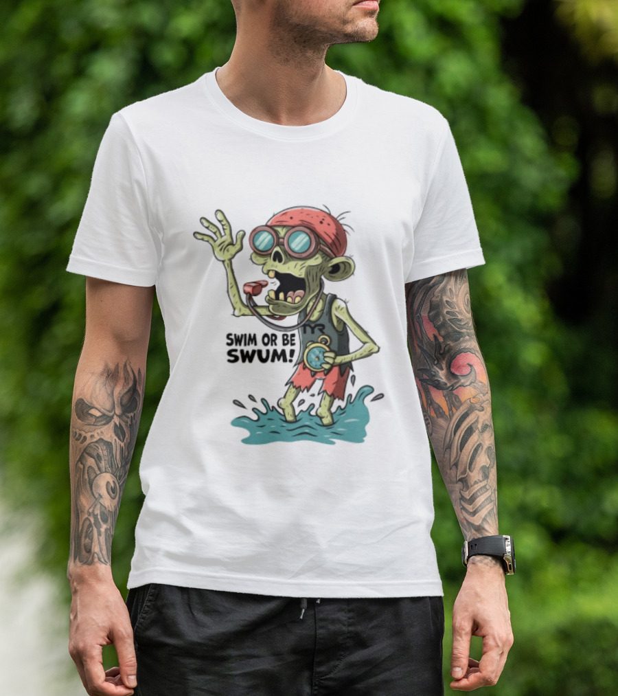 Swim Or Be Swum Zombie Lifeguard With Stop And Whistle T-Shirt