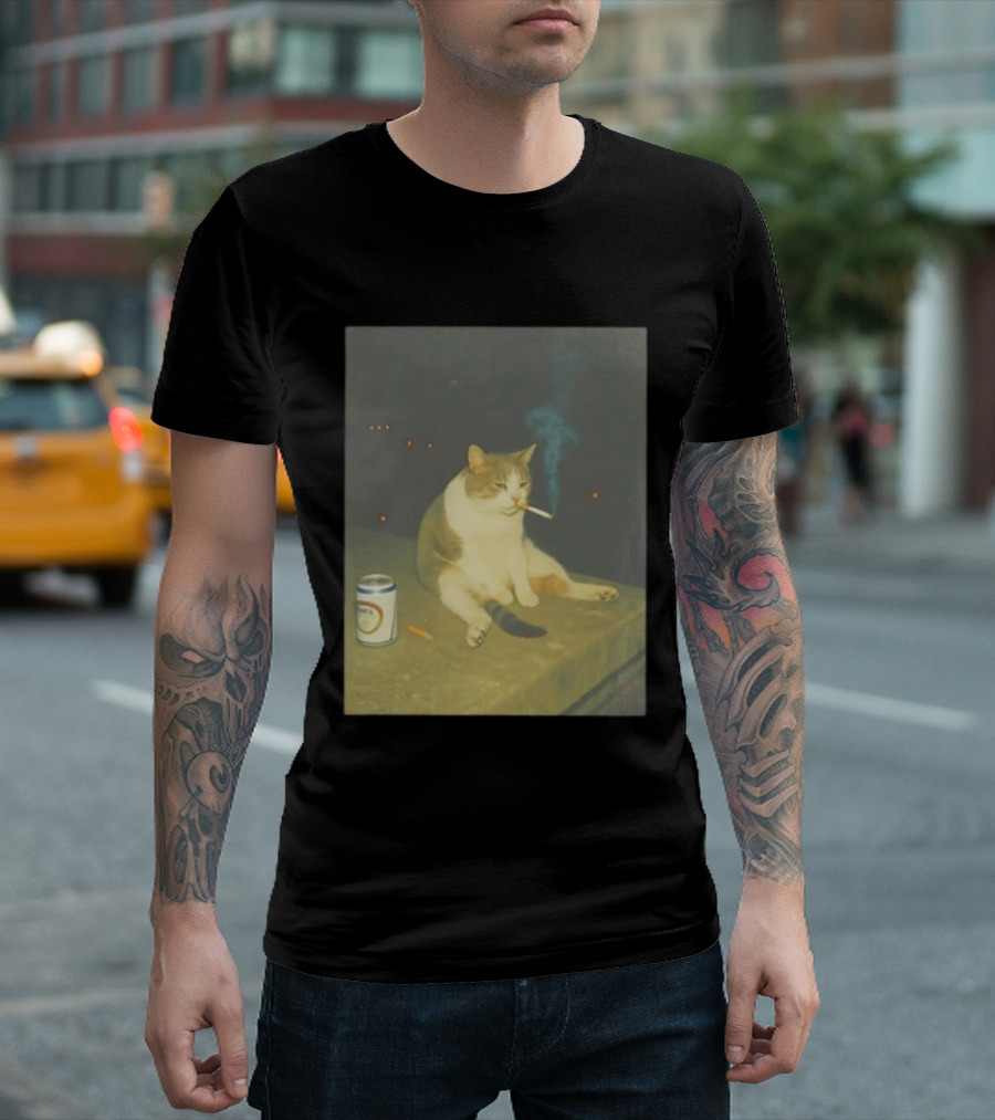 Depressed Cat Smoking Cigarette Meme With Beer Can T-Shirt