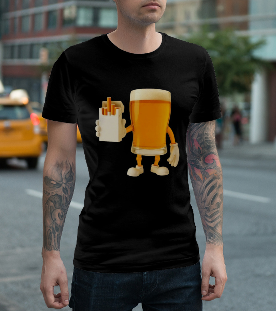 Beer Glass Holding Cigarettes Funny Drunk Cigs T-Shirt