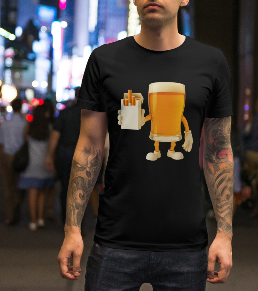 Beer Glass Holding Cigarettes Funny Drunk Cigs T-Shirt