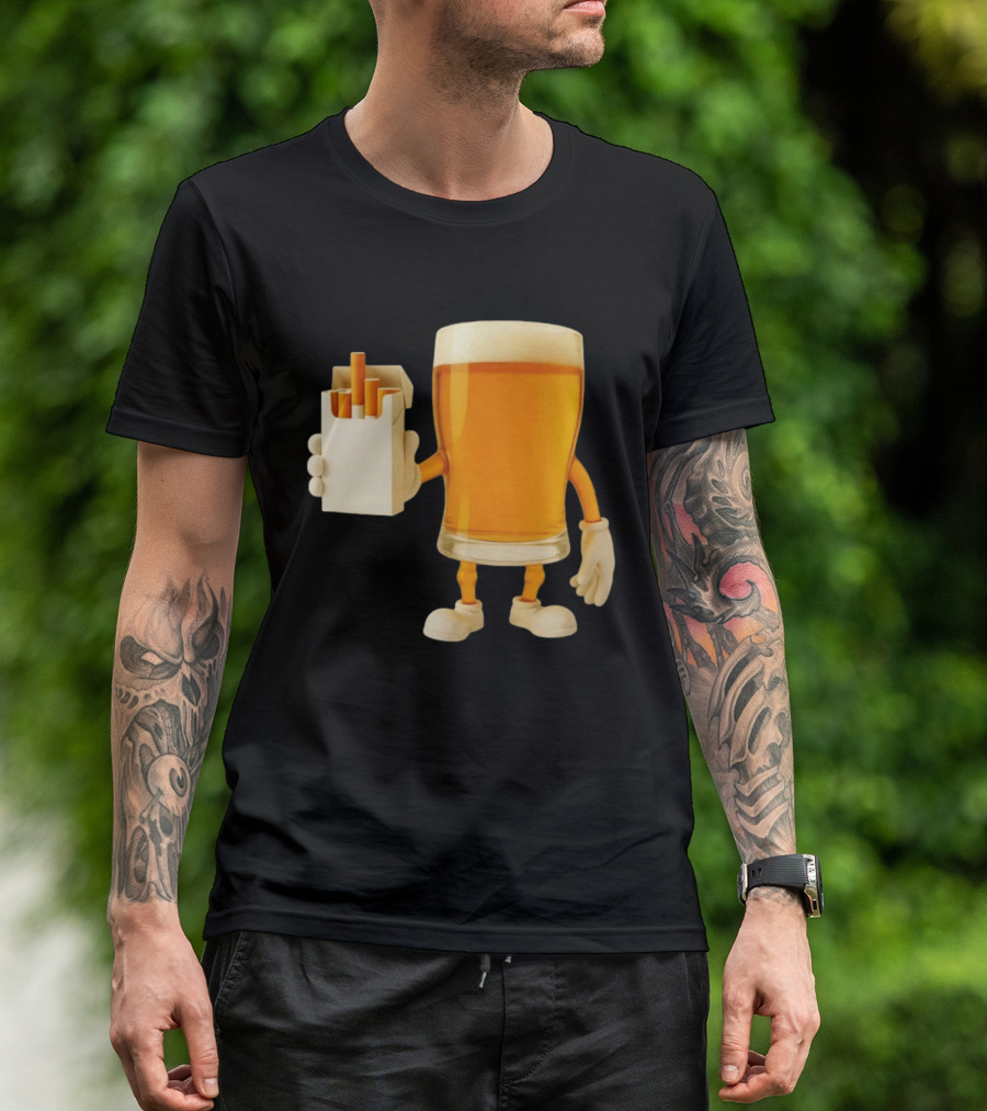Beer Glass Holding Cigarettes Funny Drunk Cigs T-Shirt