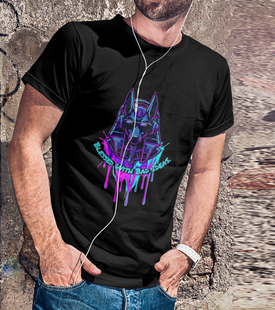 Blessed With Bad Ideas Anubis Headphones Neon Egyptian Mythology T-Shirt