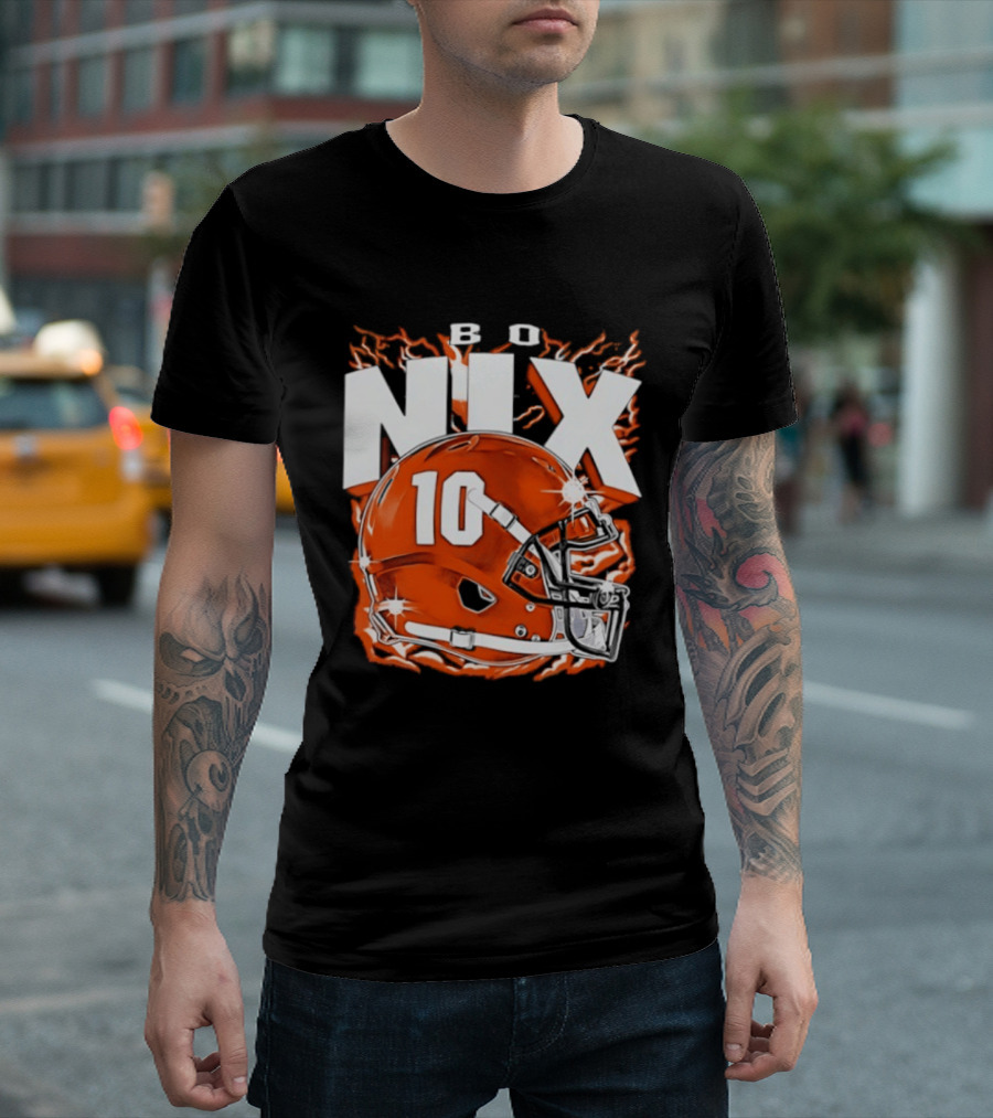 Bo Nix 10 Orange Football Helmet Flames T-Shirt