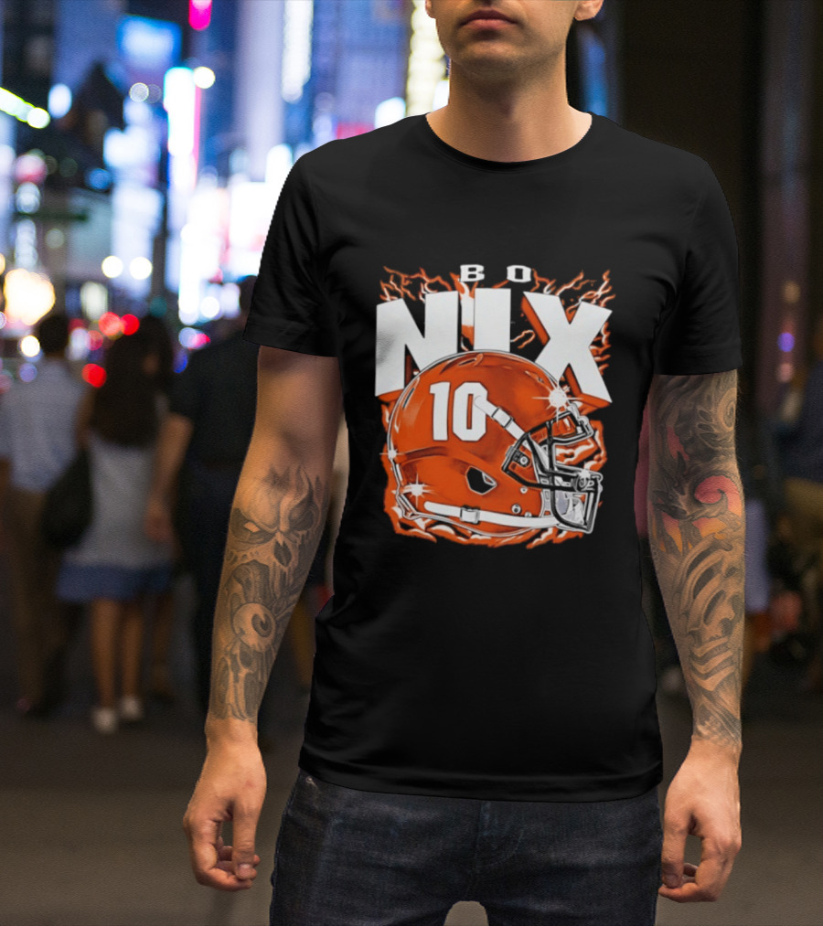 Bo Nix 10 Orange Football Helmet Flames T-Shirt
