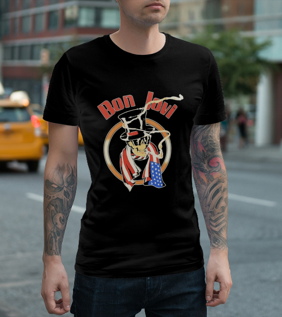 Bon Jovi American Skull With Patriotic Top Hat And Flag Scarf T-Shirt