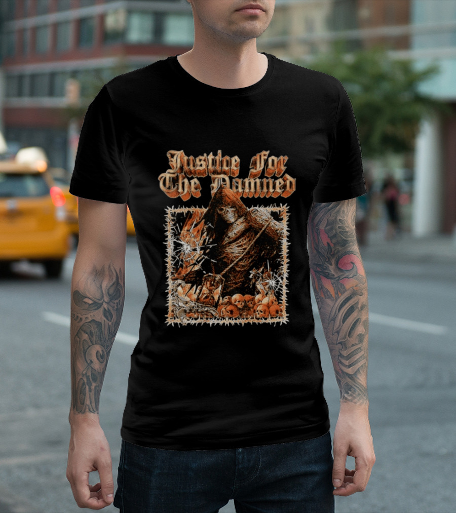 Justice For The Damned Grim Reaper Scorpion Skeleton Skulls T-Shirt