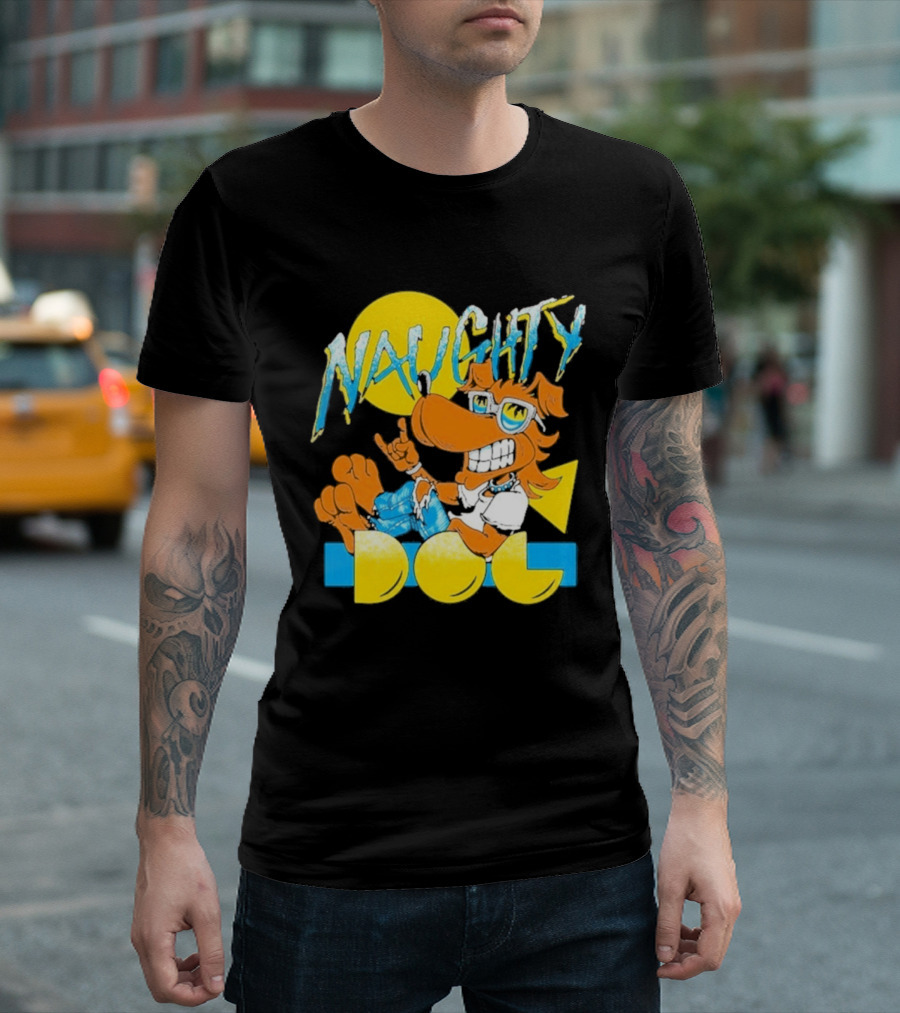 Naughty Dog Retro Cartoon Character With Sunglasses And Sunburst T-Shirt