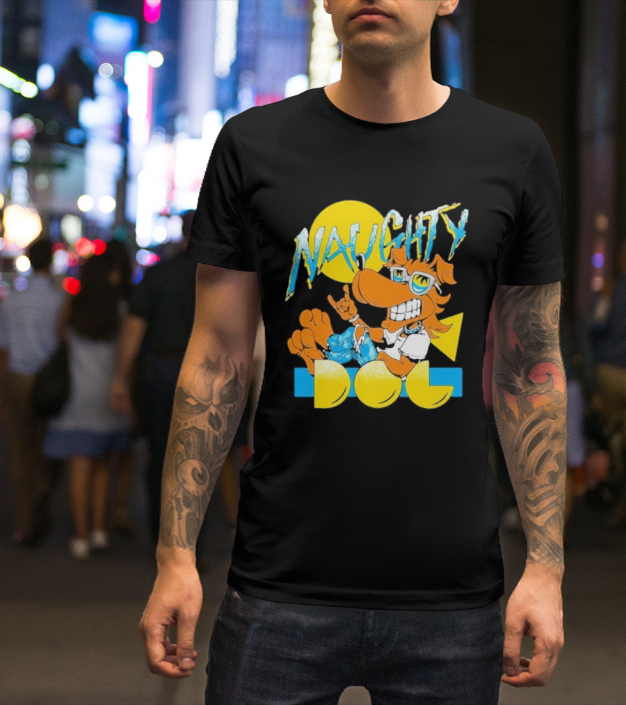 Naughty Dog Retro Cartoon Character With Sunglasses And Sunburst T-Shirt
