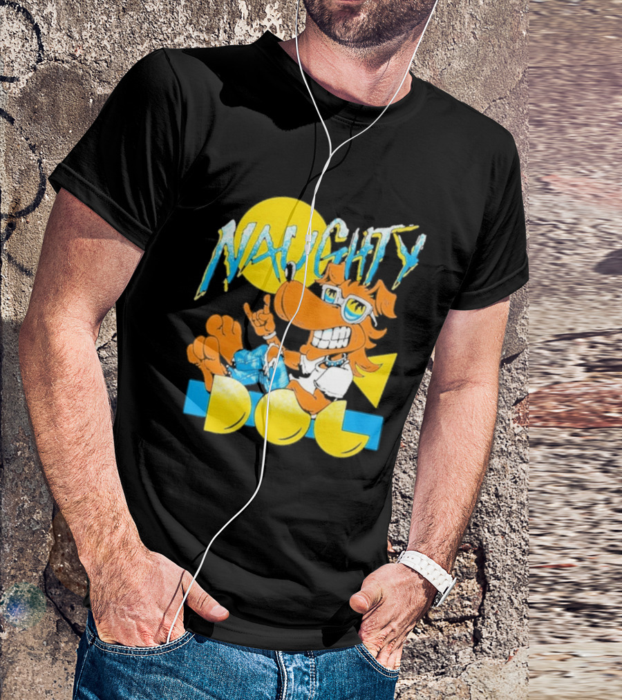 Naughty Dog Retro Cartoon Character With Sunglasses And Sunburst T-Shirt