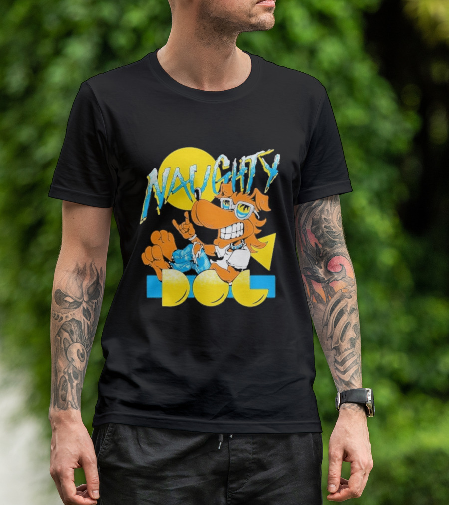 Naughty Dog Retro Cartoon Character With Sunglasses And Sunburst T-Shirt