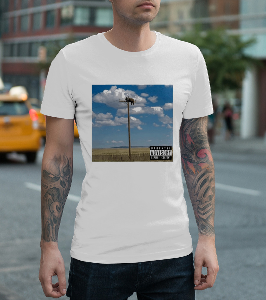 Bear On Top Of The Light Pole Parental Advisory Explicit Content Clouds Sky T-Shirt