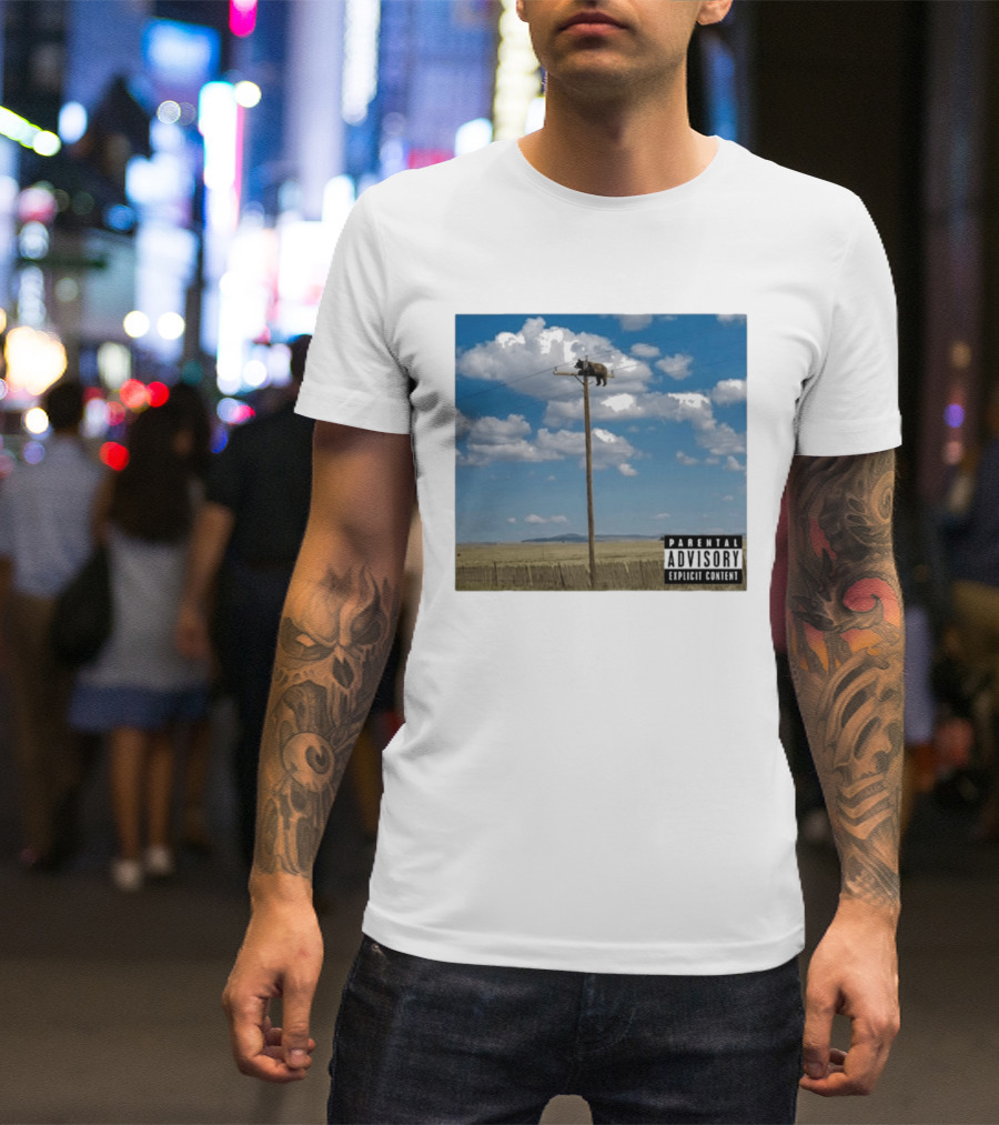 Bear On Top Of The Light Pole Parental Advisory Explicit Content Clouds Sky T-Shirt