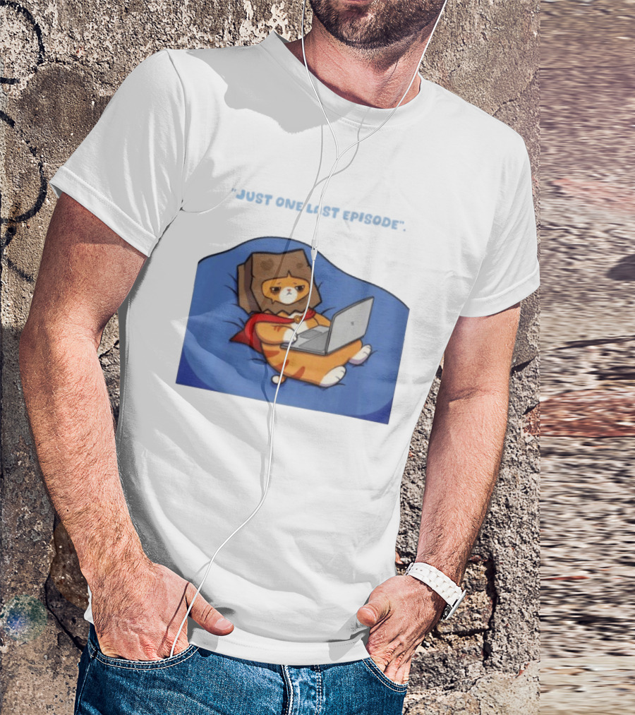 Cat Relaxing With Laptop Wearing Paper Bag Just One Last Episode T-Shirt
