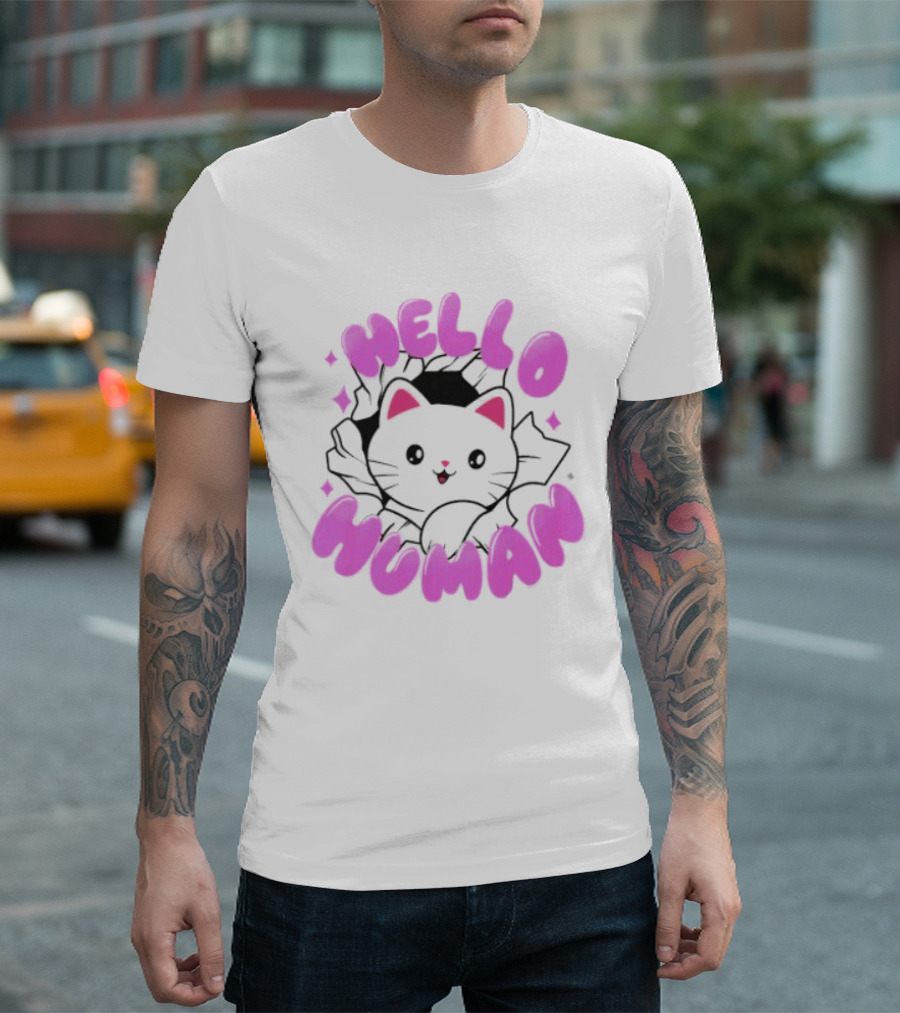 Hello Human Kawaii Cat Kitten Cute Pink T-Shirt