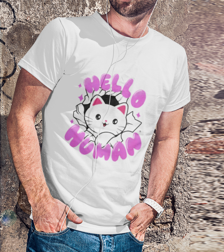 Hello Human Kawaii Cat Kitten Cute Pink T-Shirt
