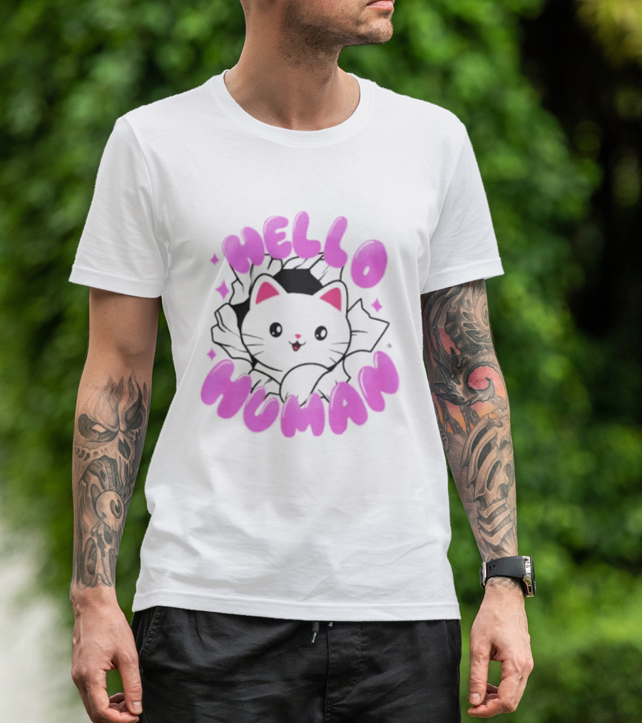Hello Human Kawaii Cat Kitten Cute Pink T-Shirt