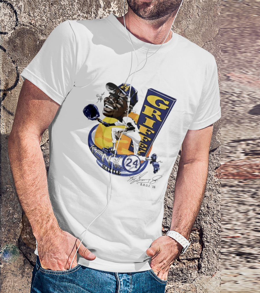 Ken Griffey Jr 24 Seattle Baseball Caricature Bruce Stark Signature T-Shirt