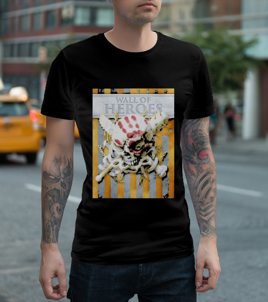 Five Finger Death Punch Wall Of Heroes Skull Chains Barbed Wire American Flag T-Shirt