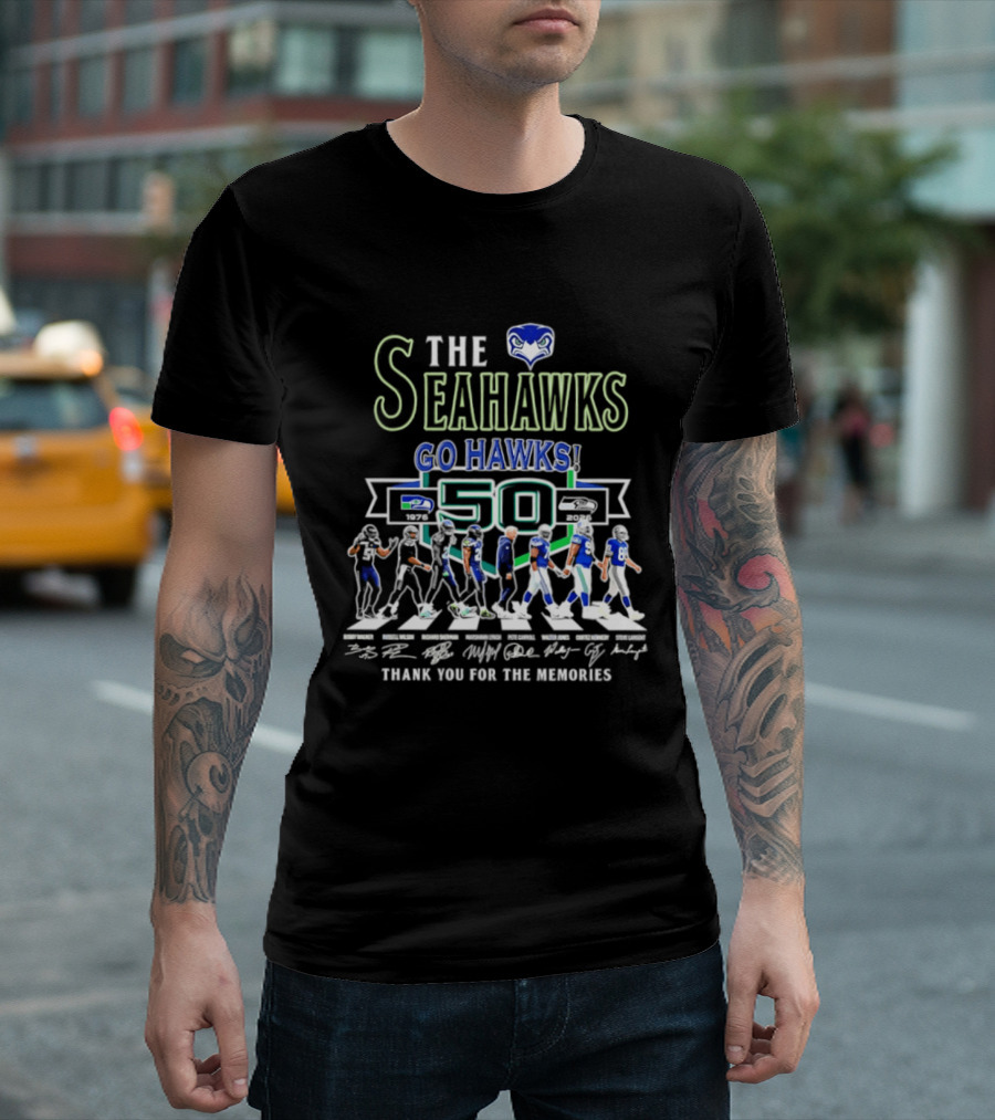 The Seahawks Go Hawks 50th Anniversary Thank You For The Memories 1976 2026 Signatures T-Shirt