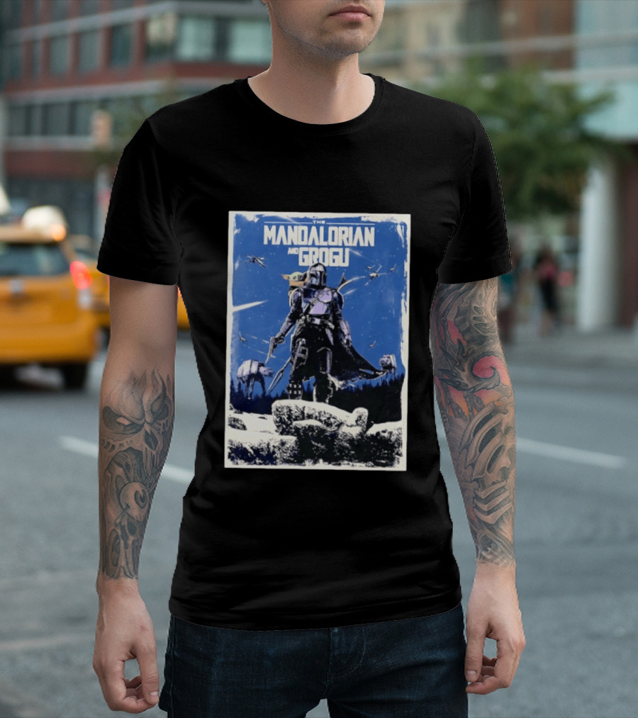 The Mandalorian And Grogu Star Wars Baby Yoda Scene With AT AT And X Wings T-Shirt