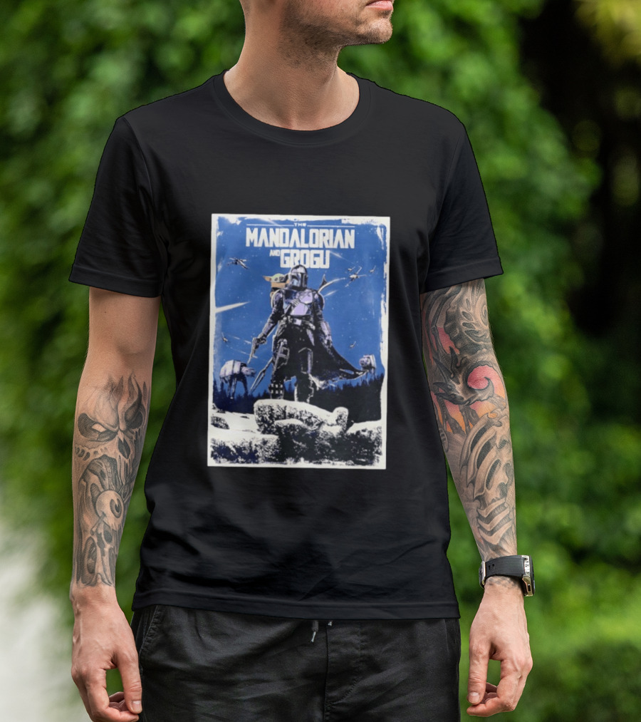 The Mandalorian And Grogu Star Wars Baby Yoda Scene With AT AT And X Wings T-Shirt
