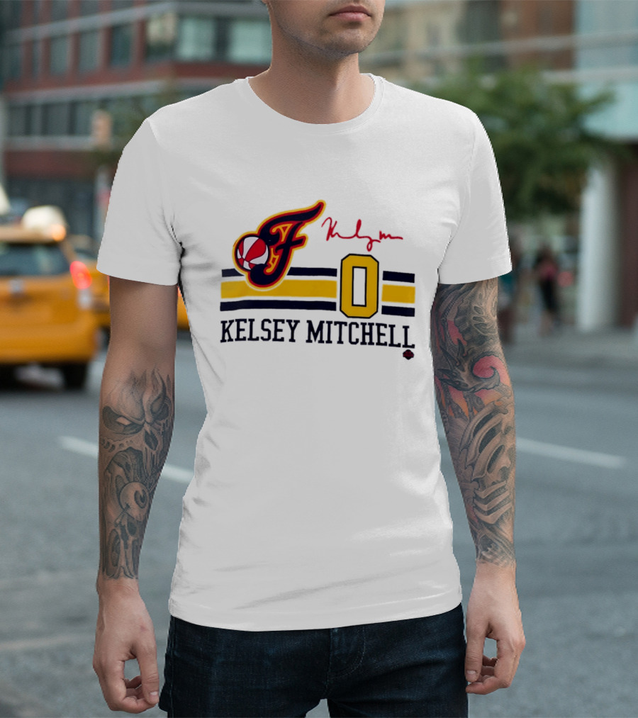 Kelsey Mitchell Indiana Fever No. 0 F Logo And Signature T-Shirt