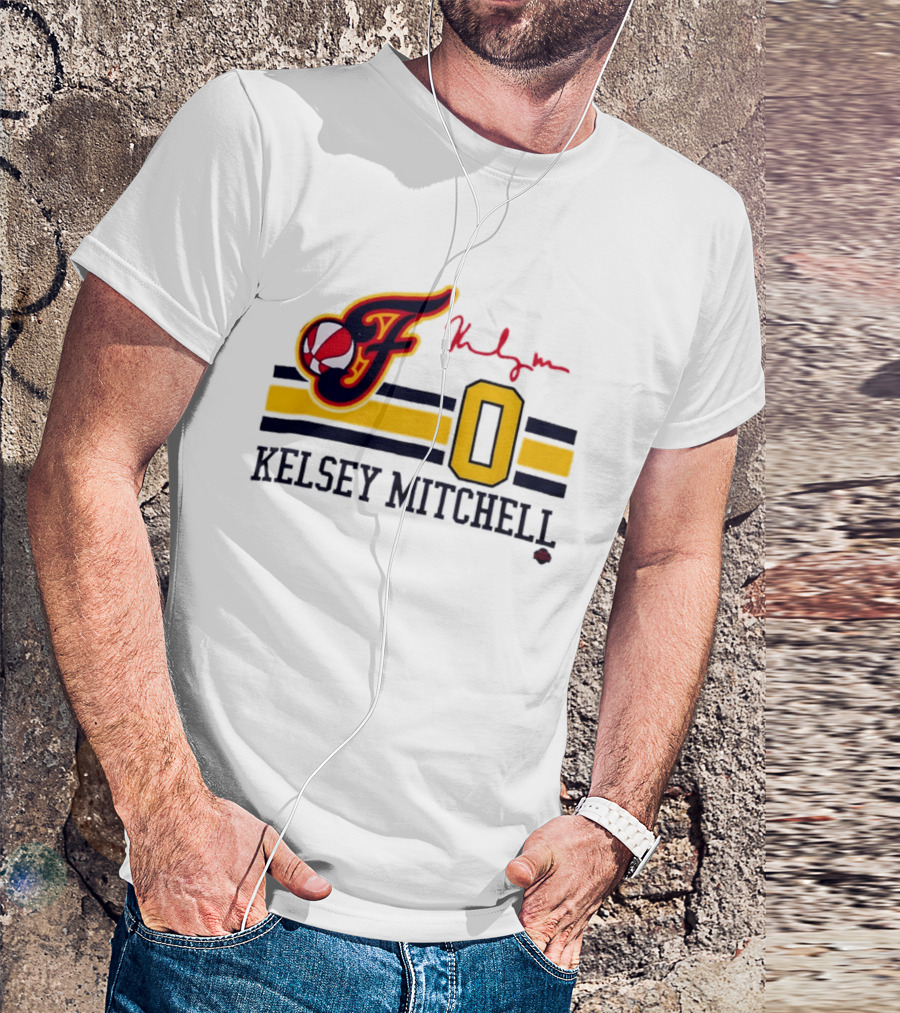 Kelsey Mitchell Indiana Fever No. 0 F Logo And Signature T-Shirt