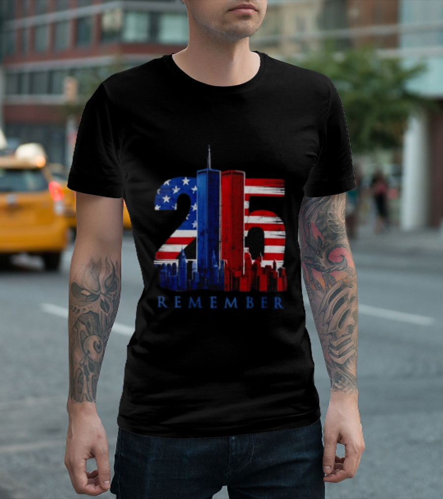 25th Anniversary Remember Twin Towers American Flag T-Shirt