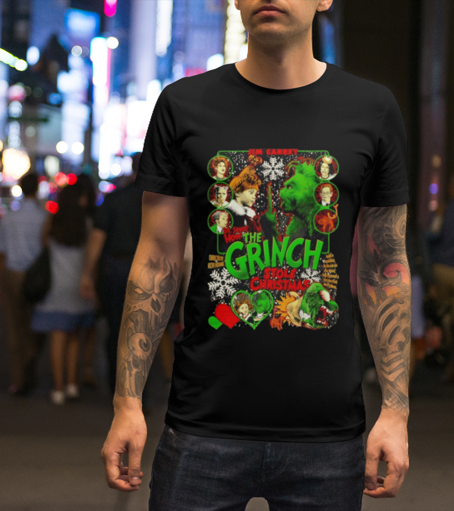Jim Carrey Dr Seuss How The Grinch Stole Christmas Movie With Characters And Snowflakes T-Shirt