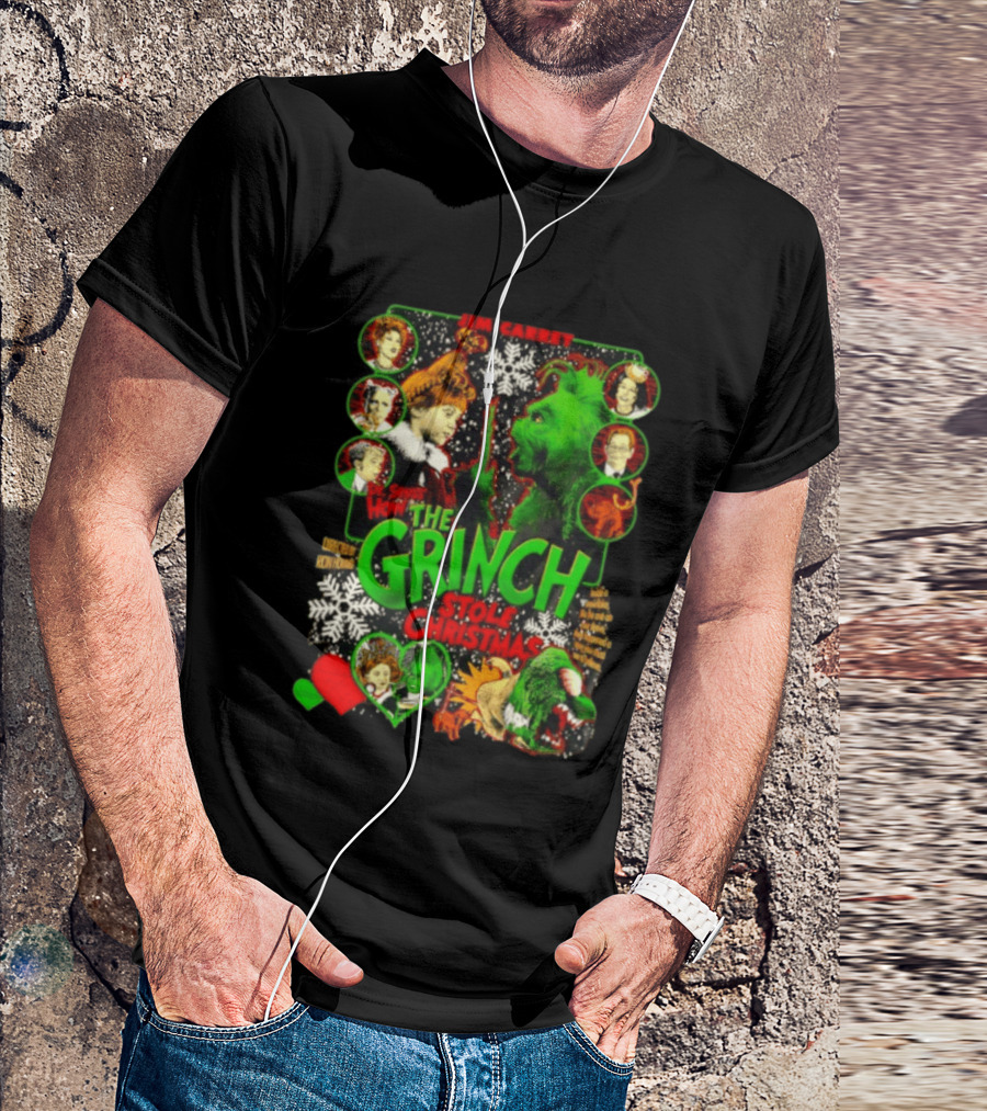 Jim Carrey Dr Seuss How The Grinch Stole Christmas Movie With Characters And Snowflakes T-Shirt
