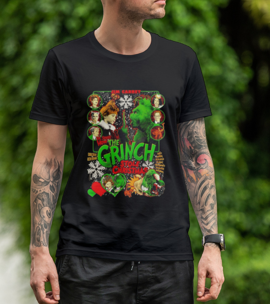 Jim Carrey Dr Seuss How The Grinch Stole Christmas Movie With Characters And Snowflakes T-Shirt