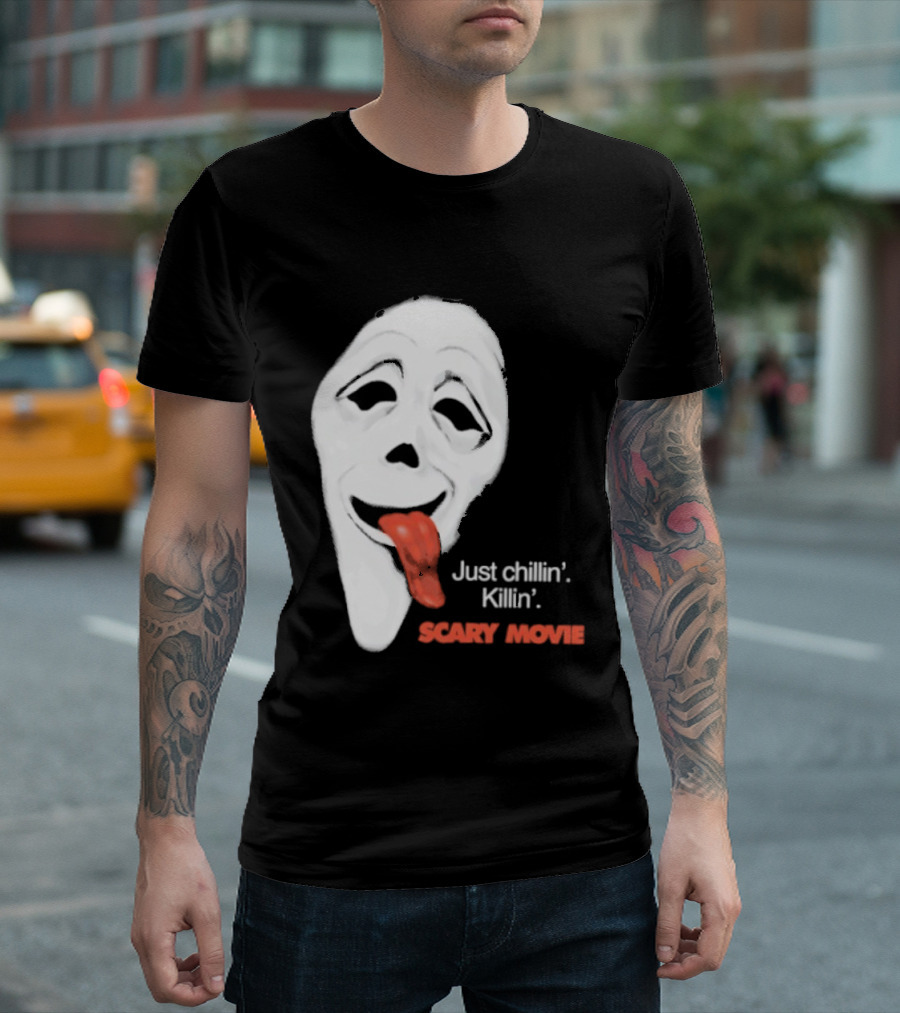 Just Chillin' Killin' Scary Movie Ghostface Mask With Red Tongue T-Shirt