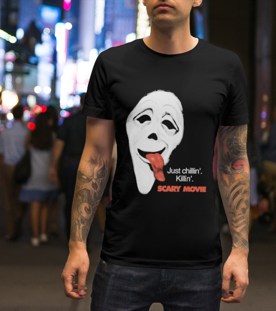 Just Chillin' Killin' Scary Movie Ghostface Mask With Red Tongue T-Shirt