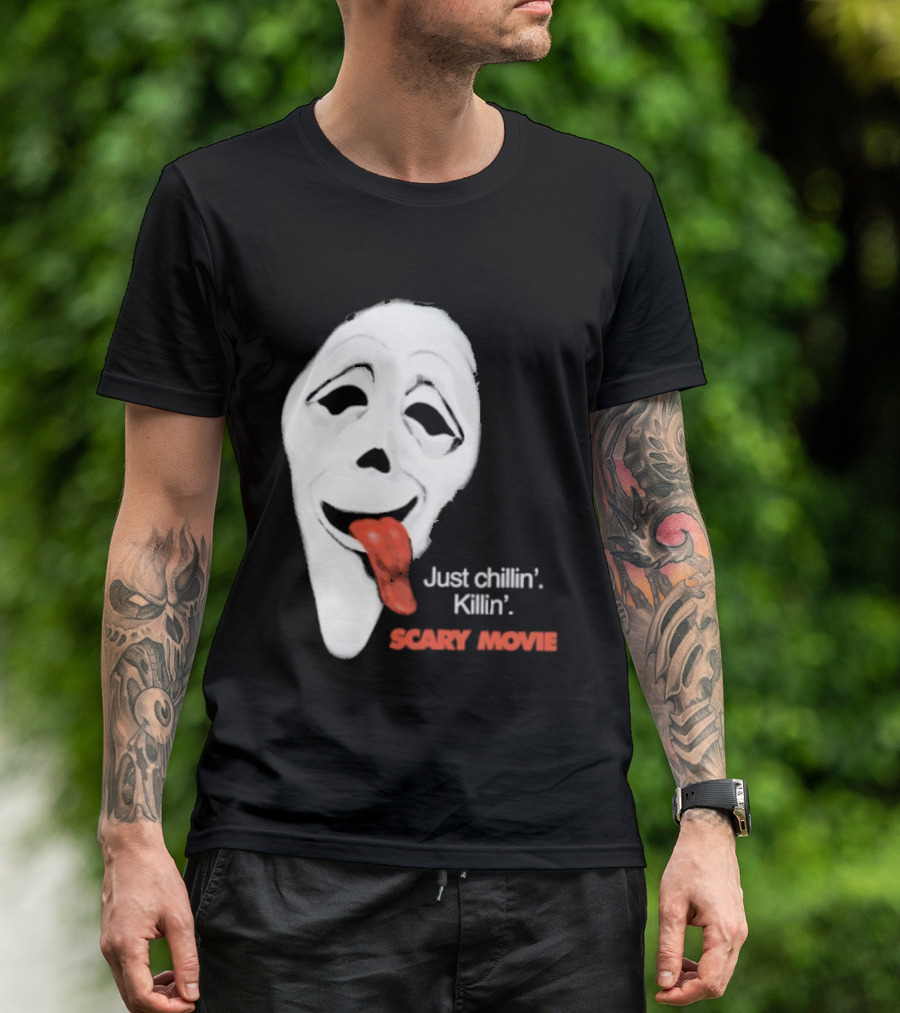 Just Chillin' Killin' Scary Movie Ghostface Mask With Red Tongue T-Shirt