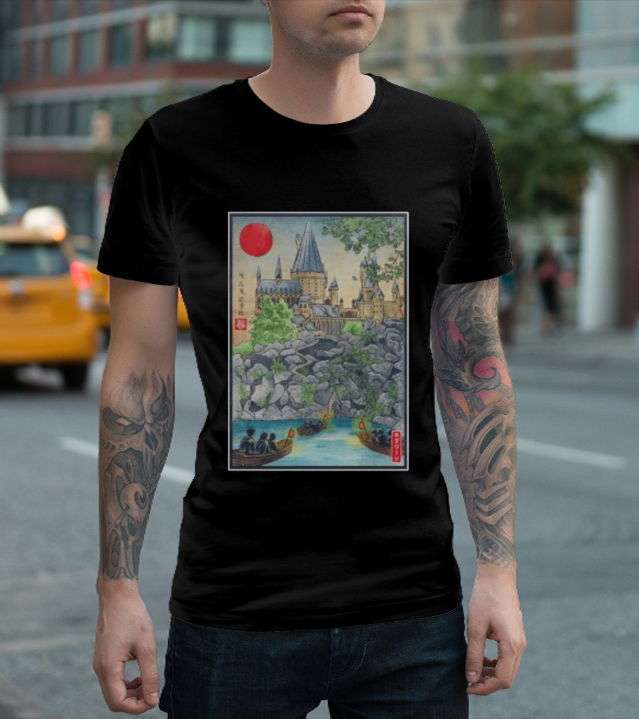 Hogwarts School Of Witchcraft And Wizardry Japanese Ukiyo E Style Castle With Boats And Red Sun T-Shirt
