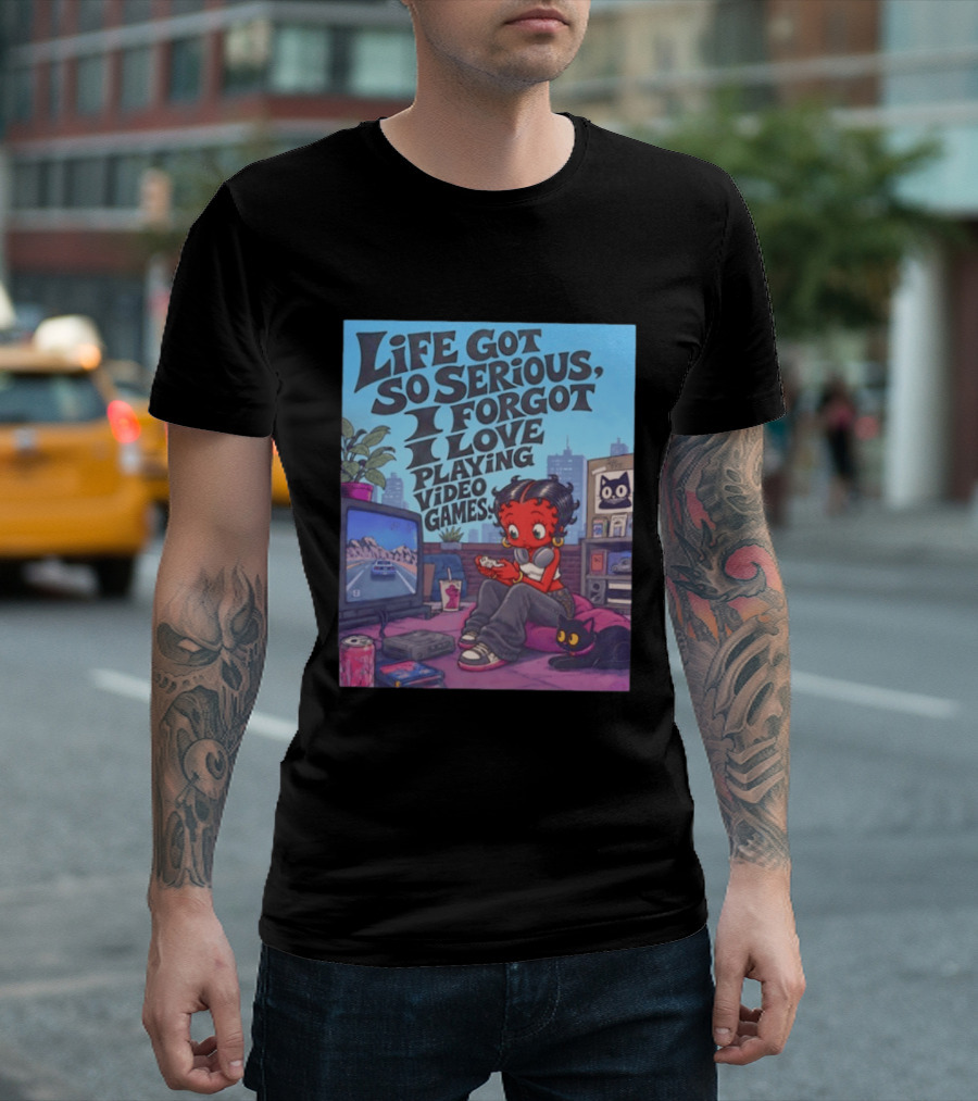 Life Got So Serious I Forgot I Love Playing Video Games City Room Scene Retro Character And Cat T-Shirt