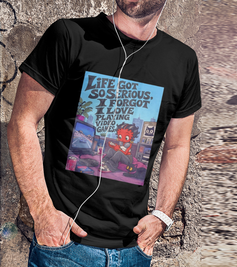 Life Got So Serious I Forgot I Love Playing Video Games City Room Scene Retro Character And Cat T-Shirt