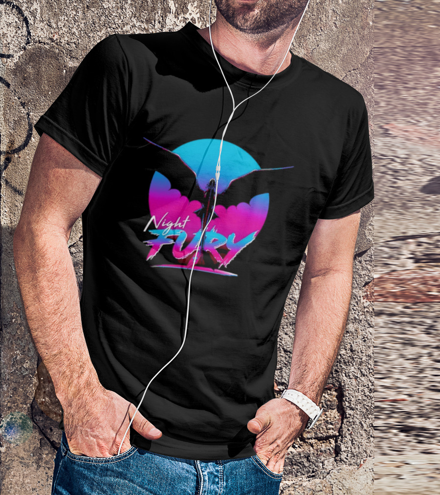 Night Fury Dragon Silhouette Neon Blue And Pink T-Shirt