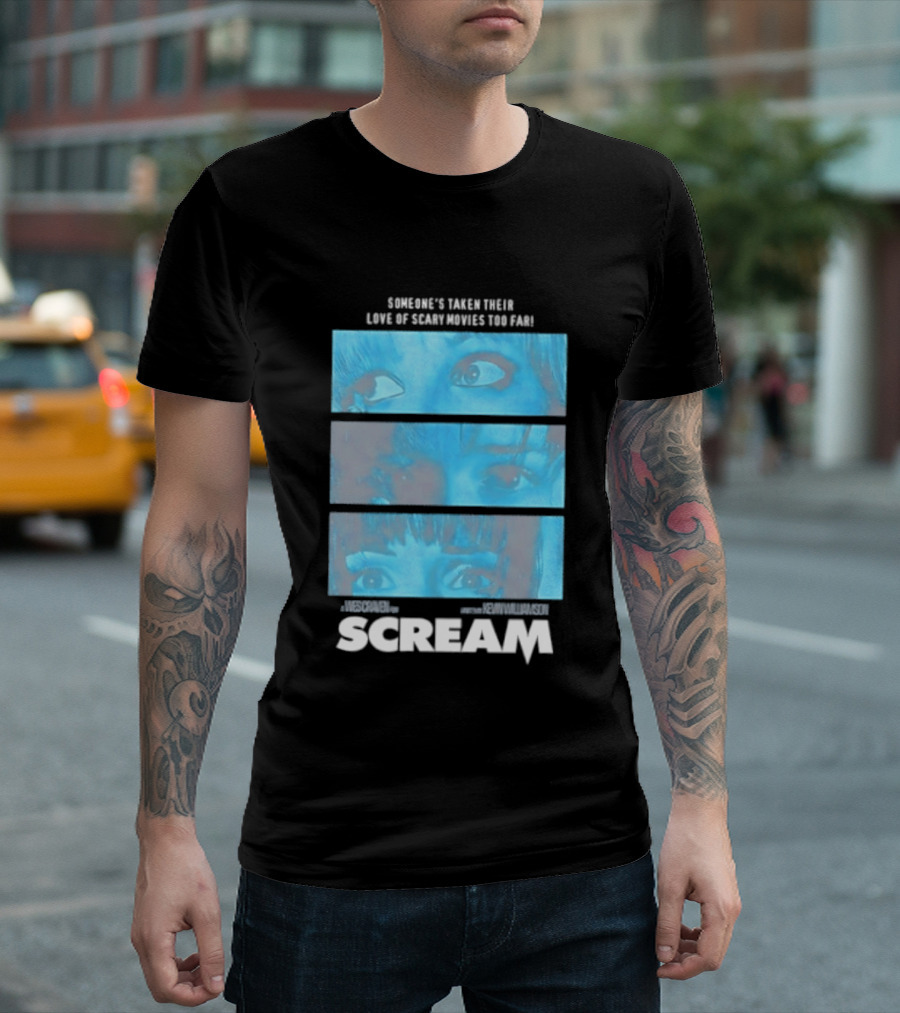 Someone's Taken Their Love Of Scary Movies Too Far Scream Eyes Dramatic Blue Panels T-Shirt