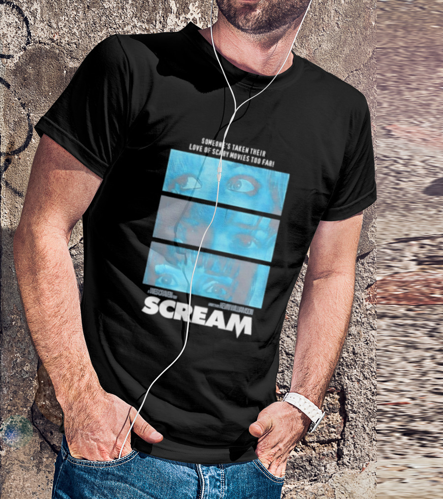 Someone's Taken Their Love Of Scary Movies Too Far Scream Eyes Dramatic Blue Panels T-Shirt