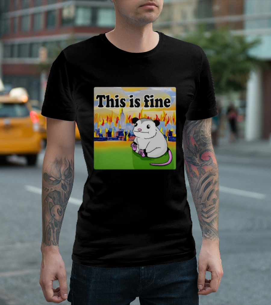 This Is Fine Opossum New York City NYC Urban Skyline Flames T-Shirt